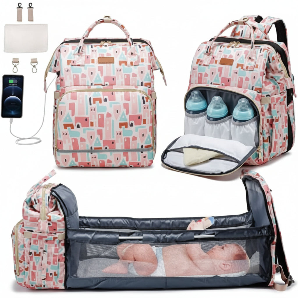 Pink- Multifunctional Mother and Baby Bed Bag