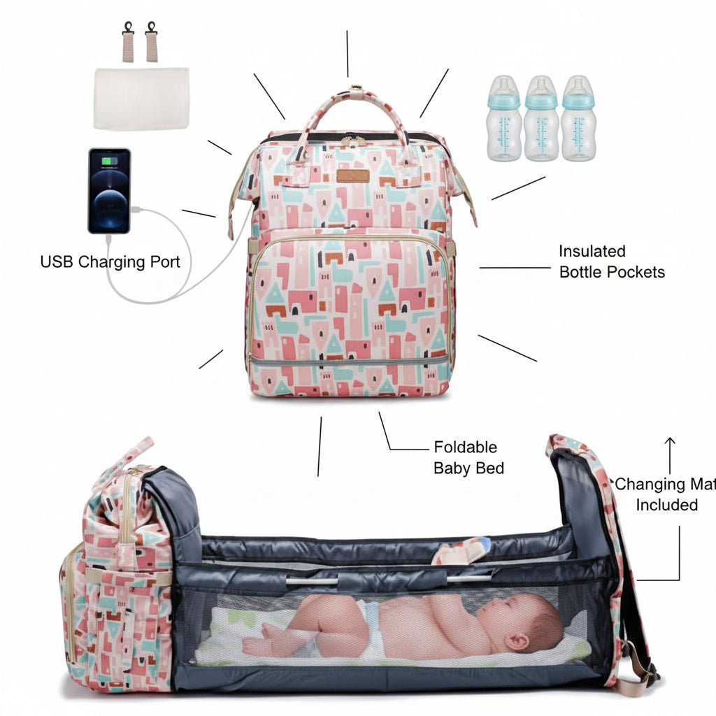 Pink- Multifunctional Mother and Baby Bed Bag